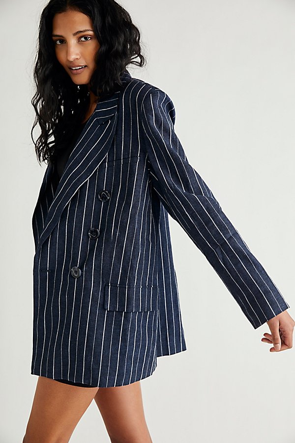 Free People Ashby Double Breasted Button Front Blazer In Navy Combo